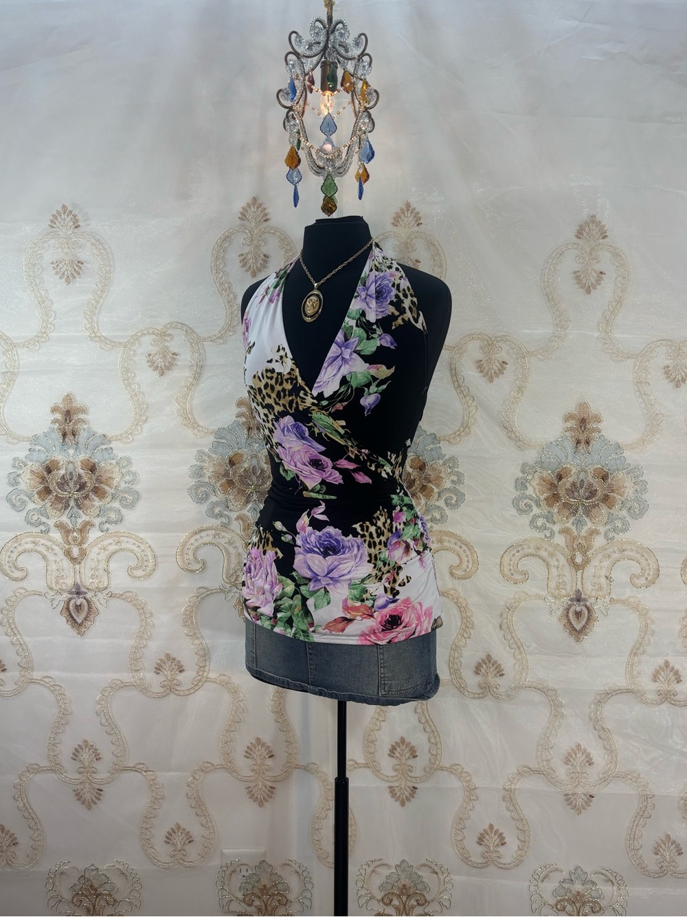 ✨Vintage Y2K Bohemian Leopard & Rose Ruched Halter Tank Top✨